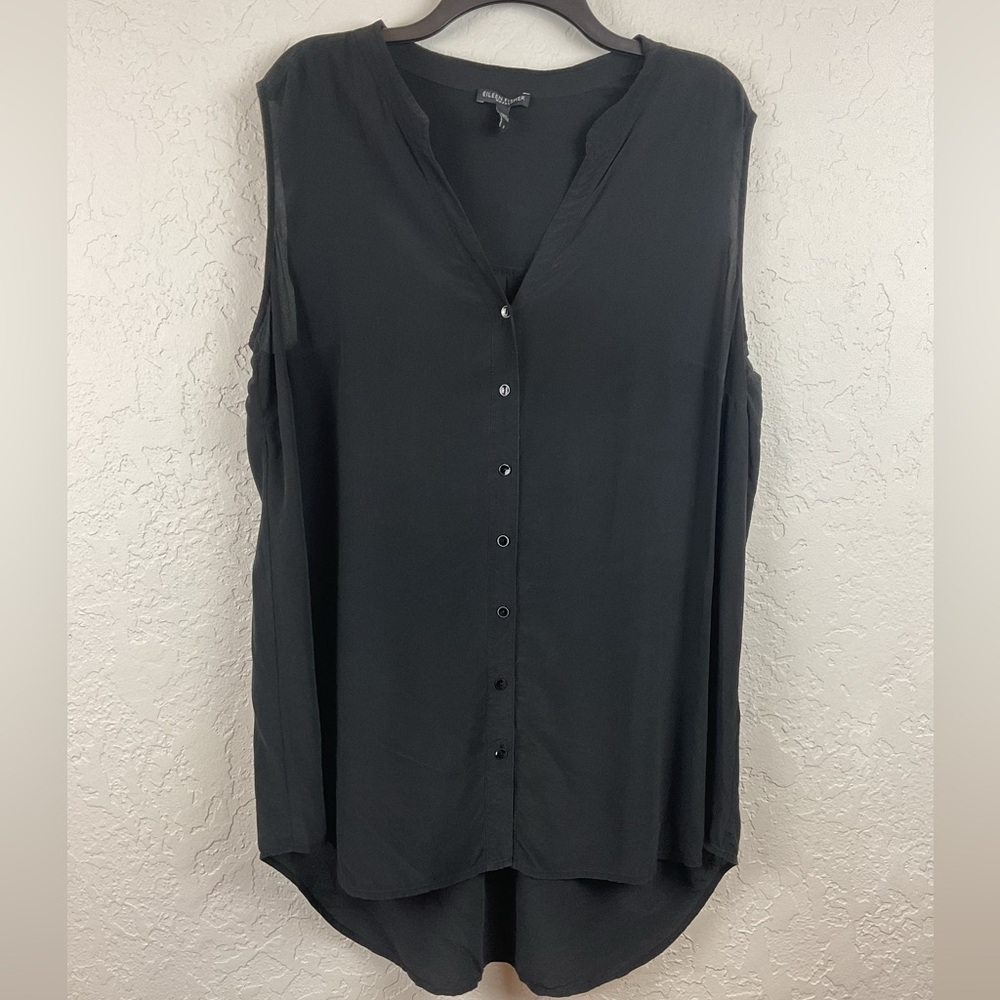 Eileen Fisher Black Sleeveless Silk V-Neck Button Front Top - Picture 2 of 6